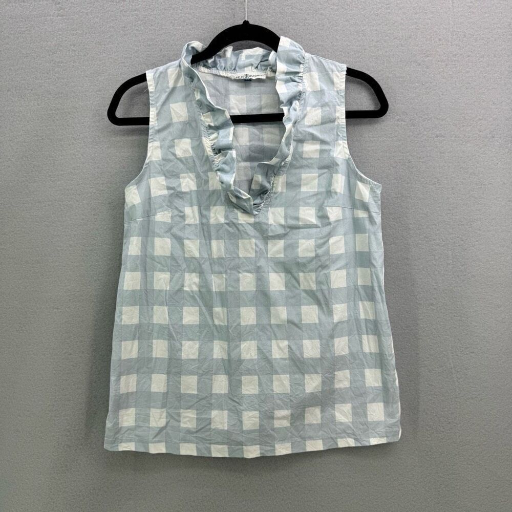 Michelle McDowell Women Blue White Check Pattern Ruffle Collar Top Medium